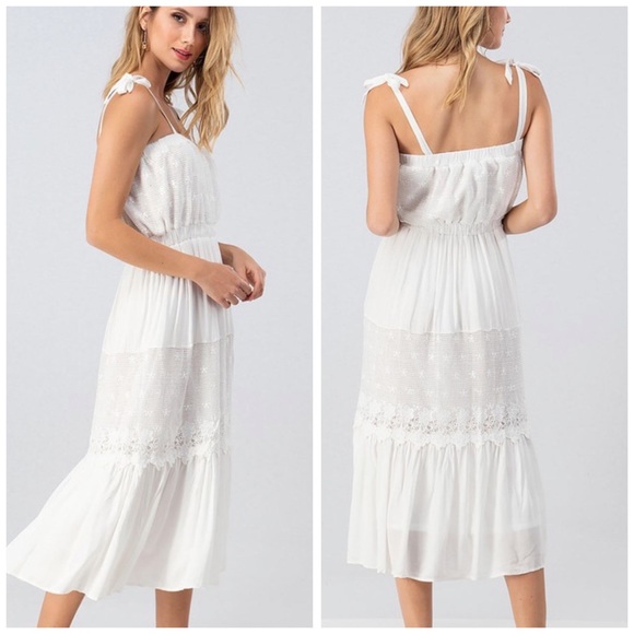 Soft White LACE MIDI Dress w/tie straps - Picture 5 of 8